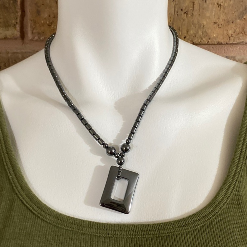 Black Hematite Necklace w/ Rectangle Pendant